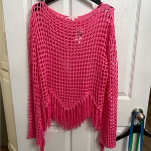 Baevely Hot Pink Open Stitch Crochet Fringe Sweater Women’s L NWT Boho